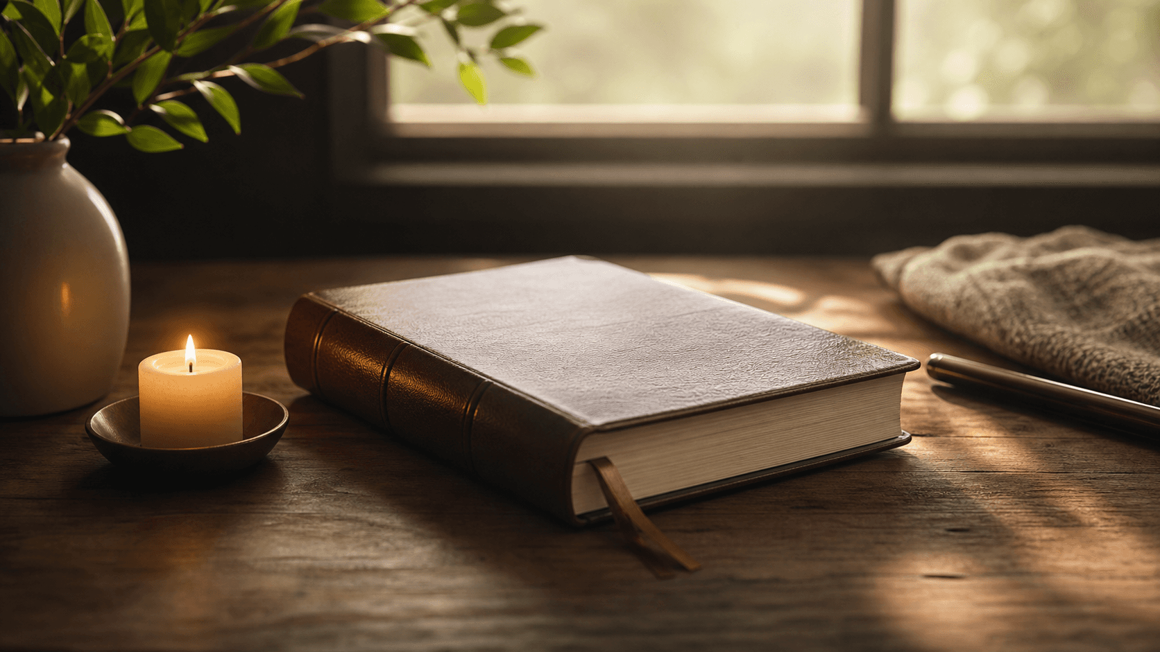 Closed prayer book and candle on a quiet desk
